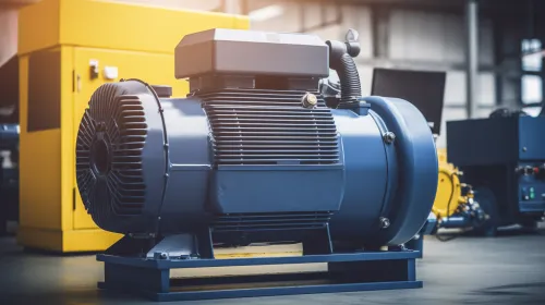 Motor eléctrico azul sobre un fondo de maquinaria industrial y paredes
