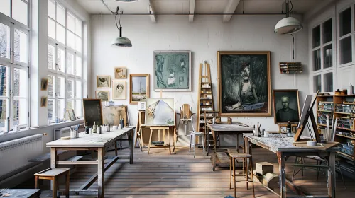 Bright art studio with canvases, paints, and works of artists