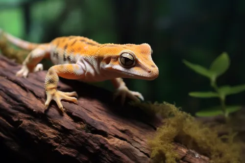 Gecko on a branch, surrounded by forest vegetation and moss