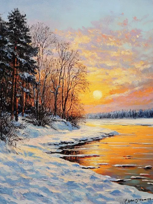 Snowy riverbank with sunset reflections and winter trees