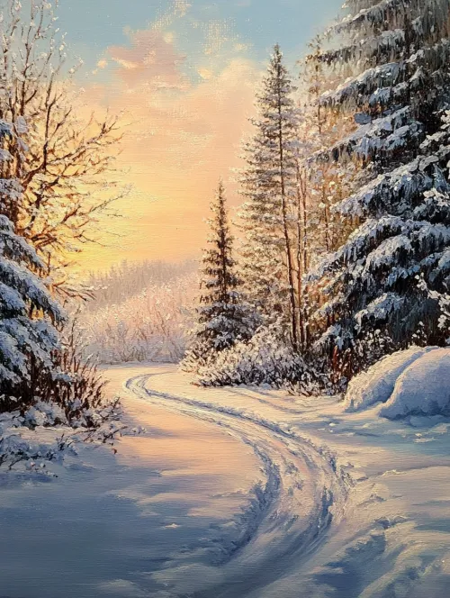 Winter forest landscape with a path and snow-covered trees