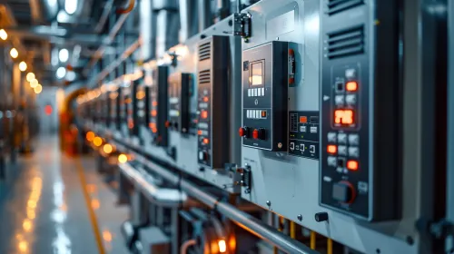 Paneles de control con botones e indicadores en la fábrica