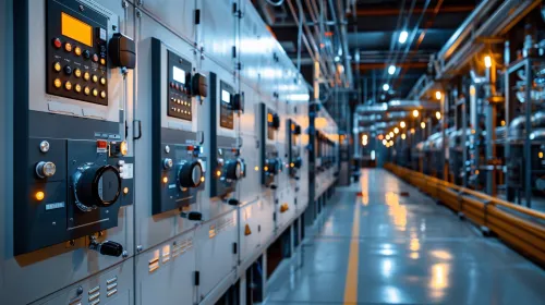 Vista interior de un espacio industrial con paneles de control eléctricos