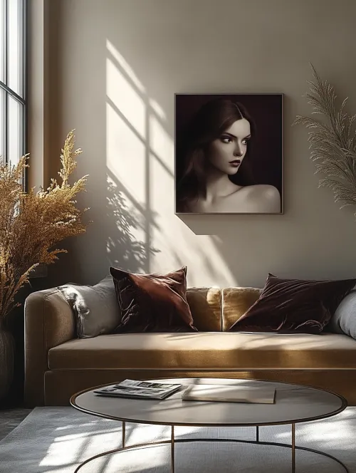 Elegant modern interior with a soft sofa and a portrait on the wall
