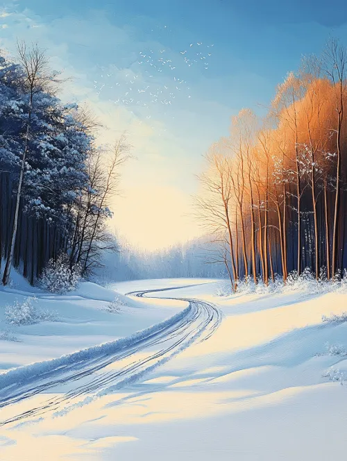 Snowy road leading into a winter forest with sunset in the background