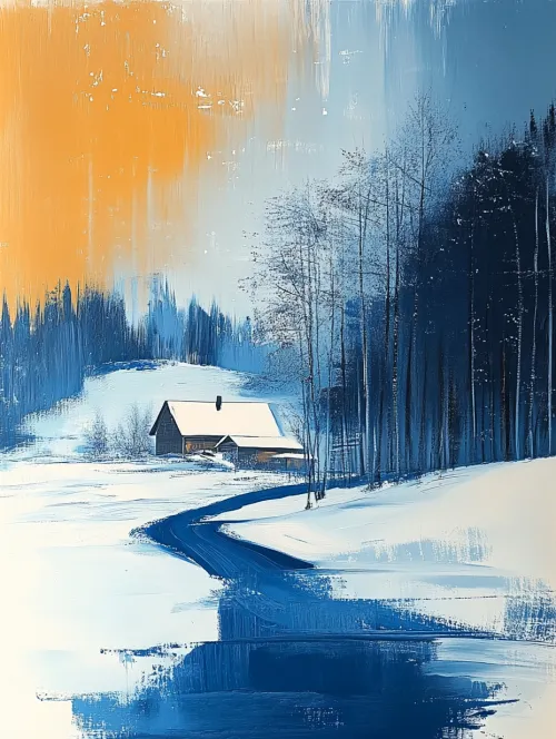 Casa aislada en un bosque invernal al atardecer