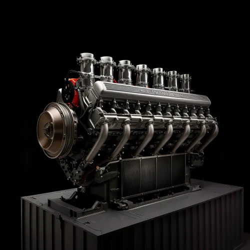 Moderno motor V8 con componentes de alta tecnología sobre fondo negro