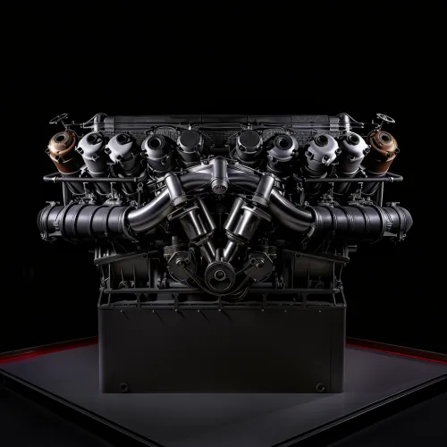 Detailed view of a modern automotive engine in a dark setting