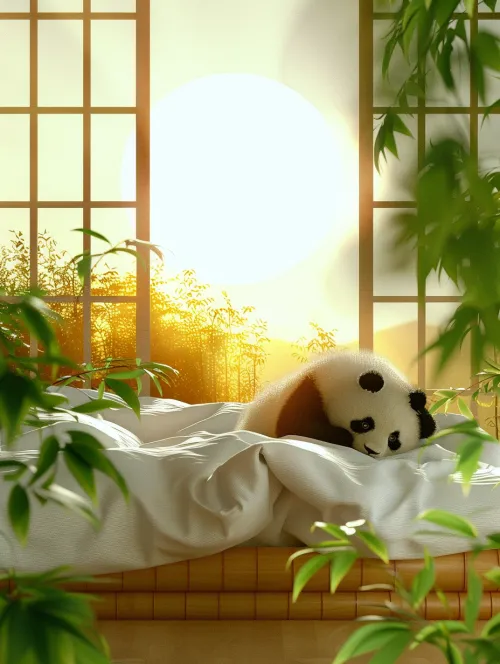 Panda en una cama con sábanas blancas y un brillante sol de fondo