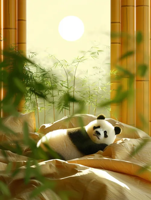 Dulce oso panda descansando en una acogedora cama entre el bambú