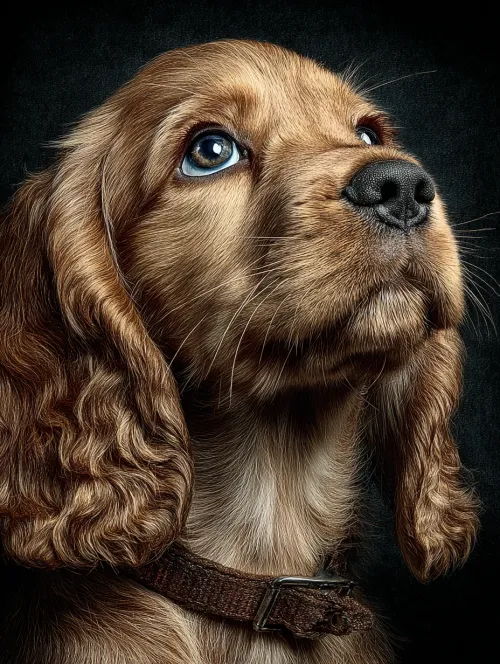 Close-up of a puppy with golden fur and expressive blue eyes