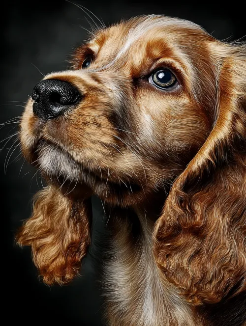 Image of a puppy with expressive eyes and fluffy ears on a dark background