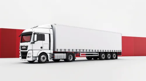 Image of a MAN truck with a white semi-trailer on a minimalist background