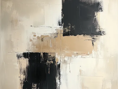 Cuadro abstracto contemporáneo en negro, blanco y beige