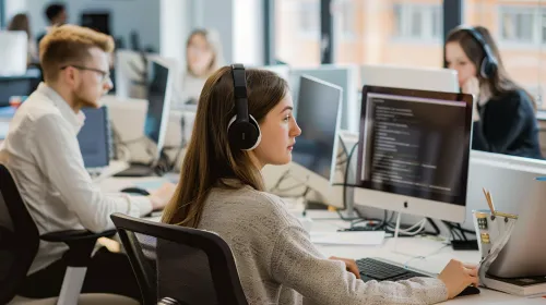 Employees working at computers in a modern design office