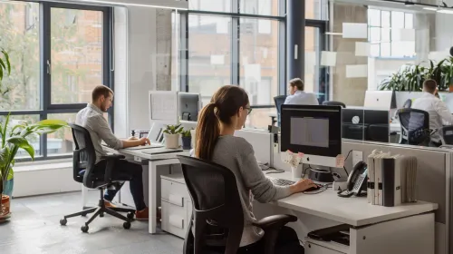 Two employees working in a modern office with large windows