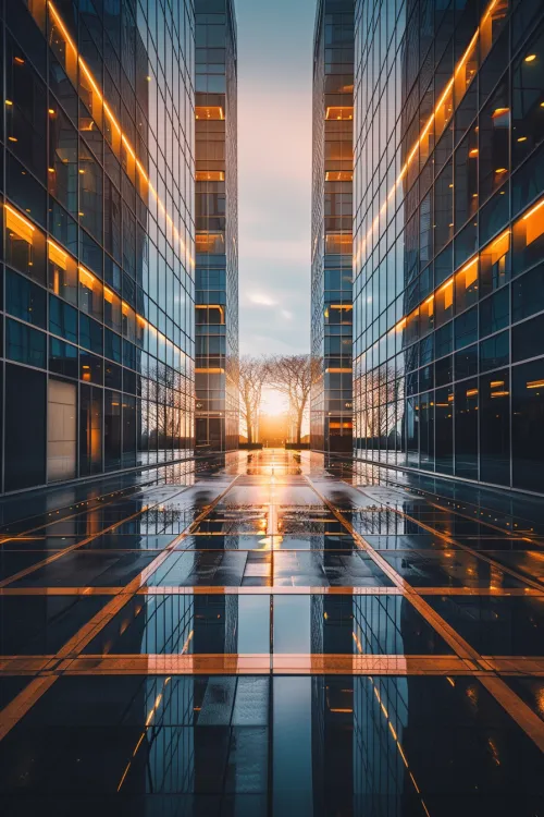 South Facade of Modern Glass Buildings Against the Sunset