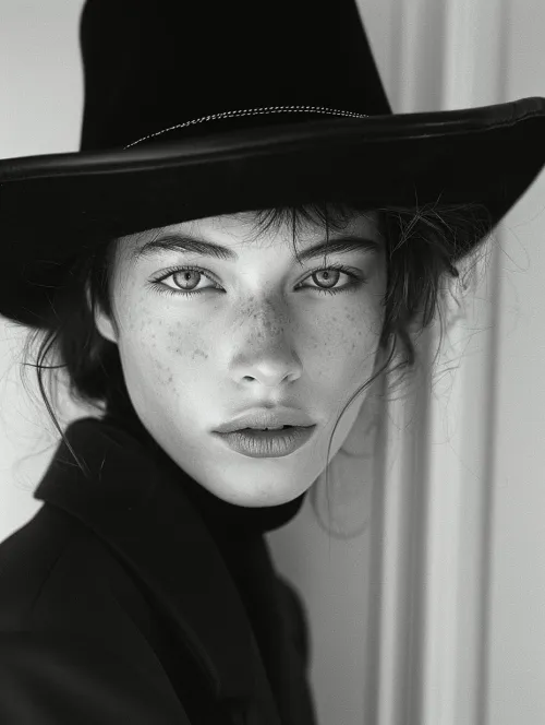 Retrato de una joven con pecas y sombrero negro