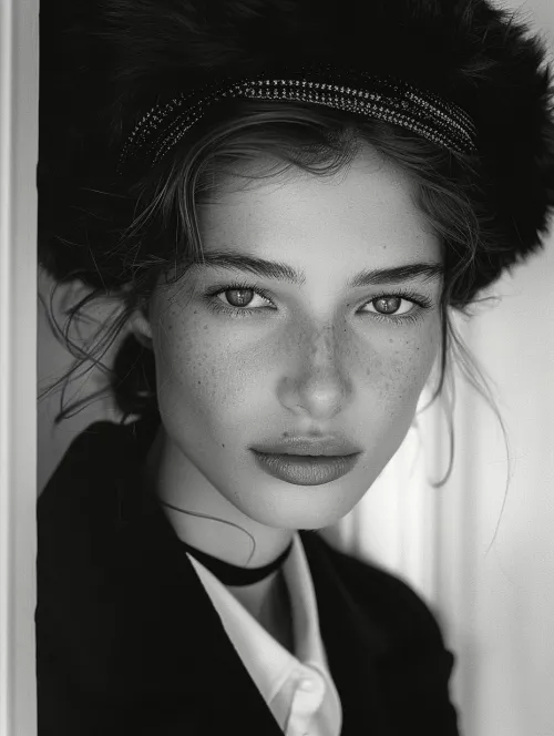 Retrato en blanco y negro de una chica con pecas y sombrero