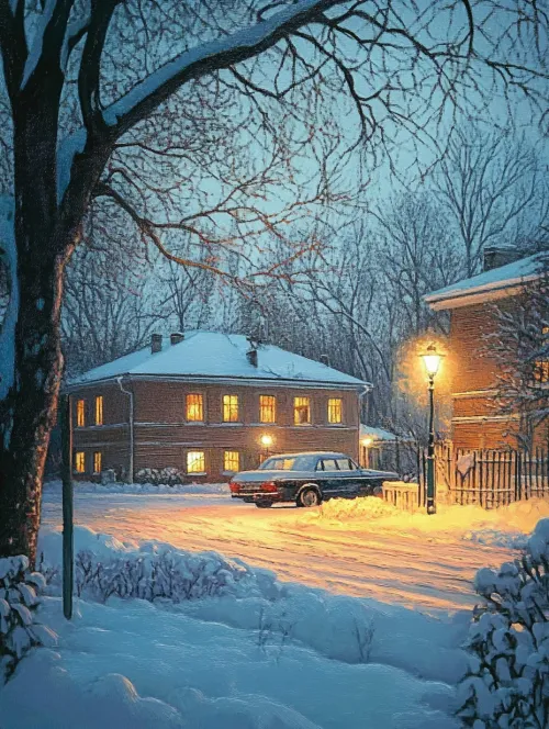 Snowy urban courtyard with houses and a car in the evening time