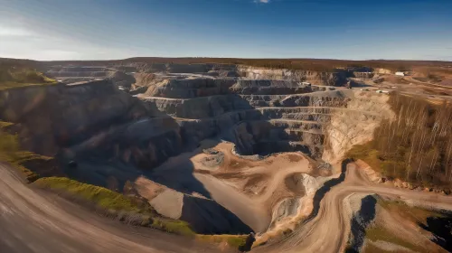 View of a vast open pit mine with numerous terraces and excavations