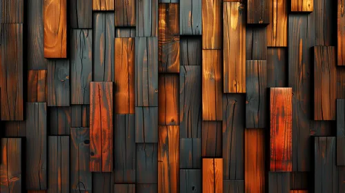 Pared de paneles de madera en tonos negro-naranja
