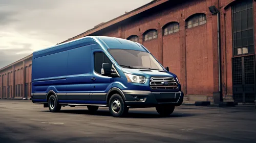 Грузовой фургон Ford в синем цвете стоит на асфальте при промышленном фоне