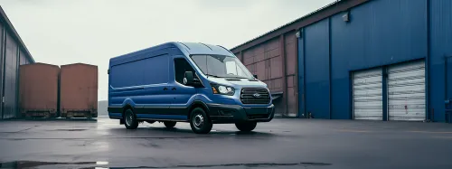 Синий фургон Ford стоит на фоне зданий и грузовиков