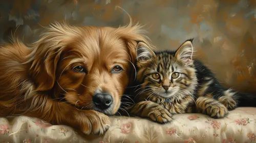 Realistic painting depicting a dog and a cat on a sofa