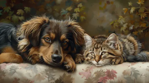 Dog and cat peacefully lying together on a sofa