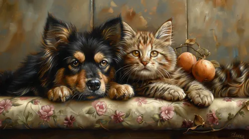 Dog and cat comfortably settled on a pillow with flowers