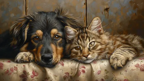 Dog and fluffy cat peacefully lying on the couch