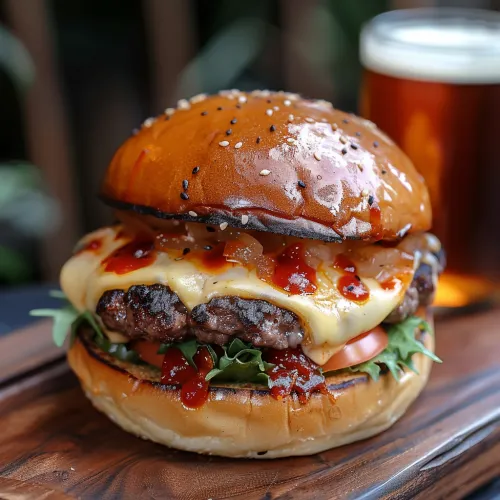 Delicious burger with melted cheese and fresh vegetables against the background of beer