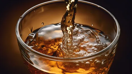 Juicy liquid being poured into a clear glass with bubbles
