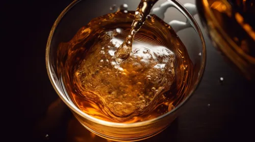 Close-up of a glass with a carbonated drink, bubbles, and reflections