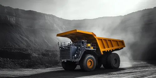 Powerful mining dump truck with a bright body in a quarry