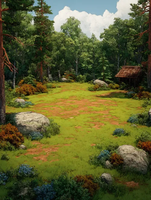 Picturesque forest glade with green grass and rocks under a blue sky