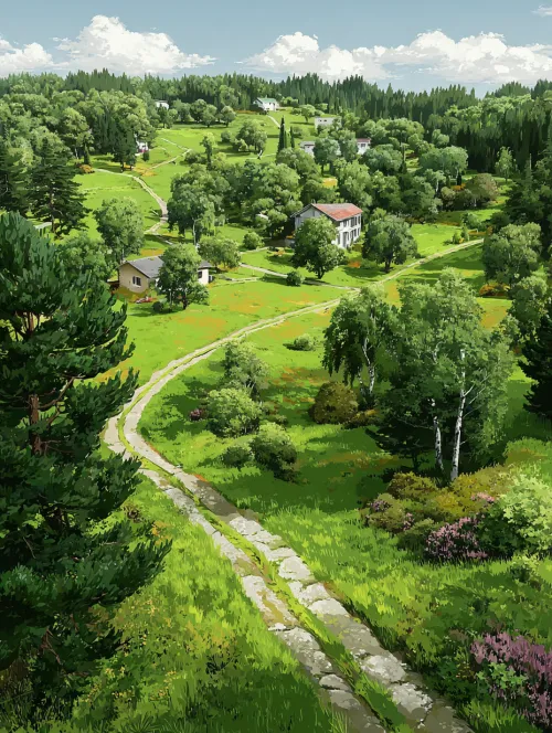 Landscape with Green Hills, Houses, and a Winding Road
