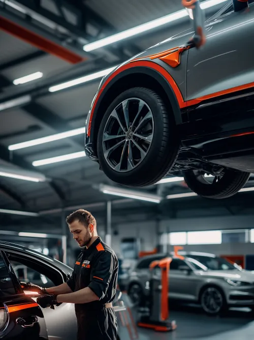 Automotive mechanic performing repair work in a car service center
