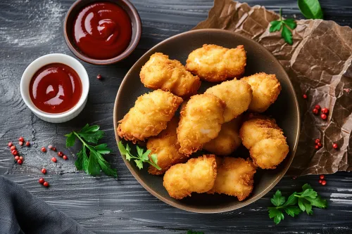 Plato con nuggets de pollo y dos tipos de salsas