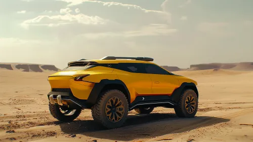 Bright yellow SUV among the sand dunes in the desert