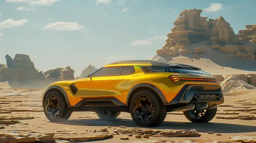 Off-road vehicle in bright yellow color against a backdrop of desert and rocks
