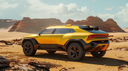 Modern bright-colored off-roader in a sandy landscape