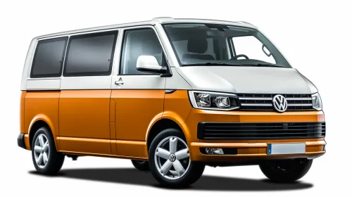 Микроавтобус Volkswagen оранжевого цвета с белым верхом на белом фоне