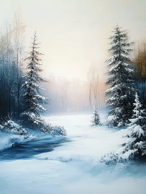Hermoso paisaje invernal con árboles nevados y un río al fondo de un amanecer