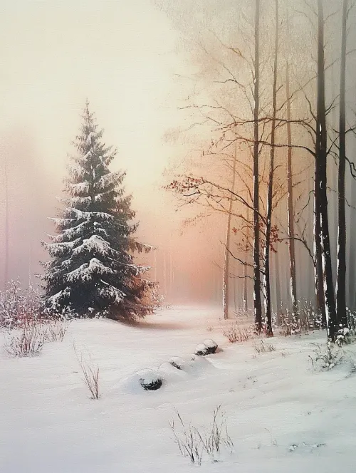 Pine in a Snowy Forest Against a Foggy Sunset