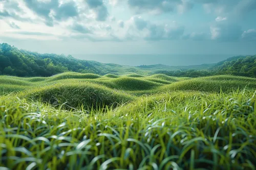 Landscape with green hills and the sea on the horizon