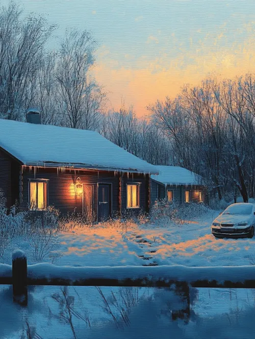 Noche de invierno con casas cubiertas de nieve y luces en las ventanas