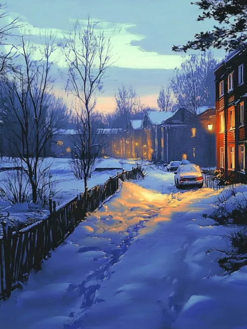 Snowy landscape with houses and a well-lit road on a winter evening