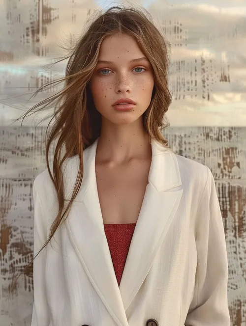 Girl with light hair and freckles posing in a white blazer